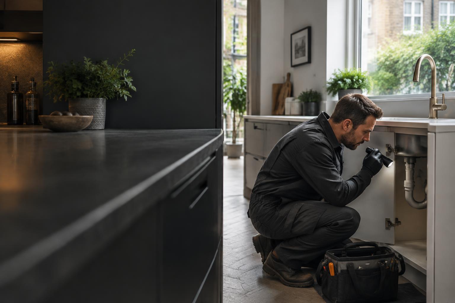 Pest control technician inspecting beneath a kitchen sink